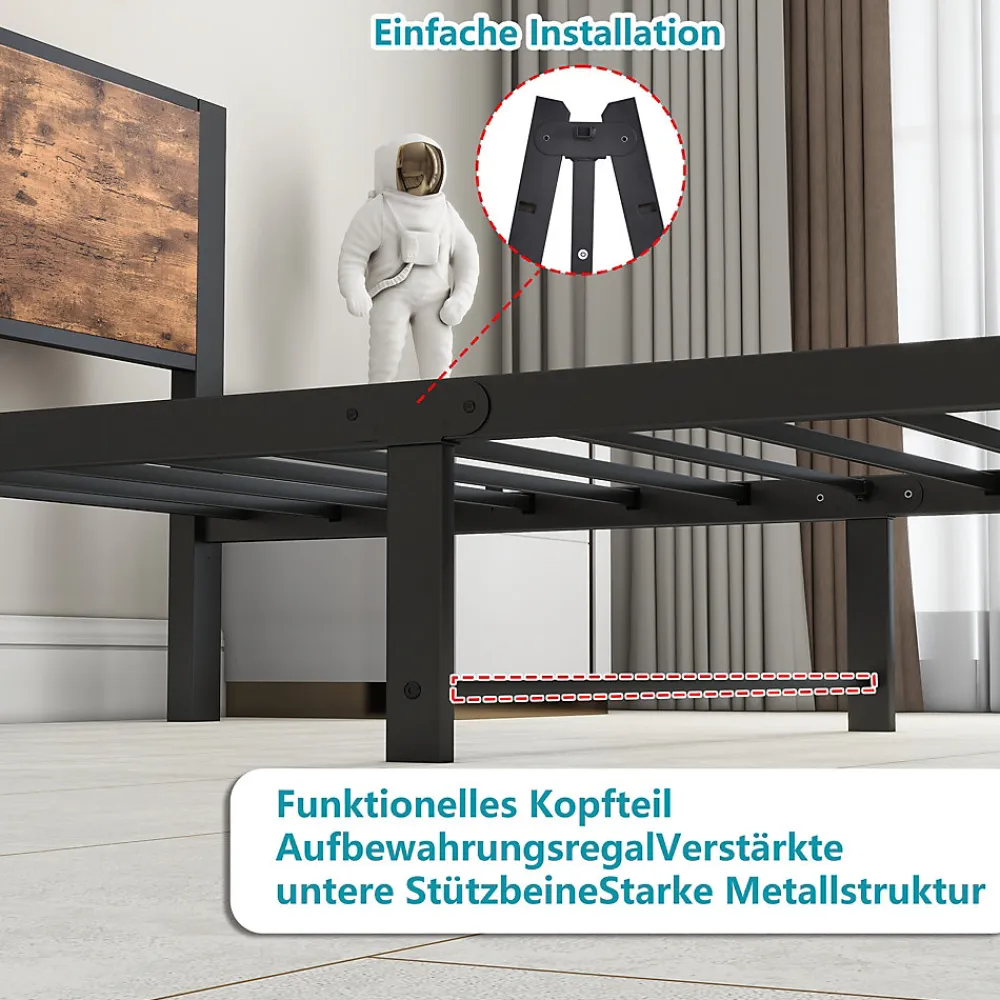 Lit Simple 90x200 cm - Lit Ado Métal avec Tête de Lit Rangement, MDF, Marron - Silencieux et Robuste - Sans Matelas>Okwish