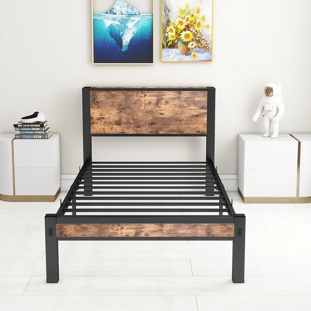 Lit Simple 90x200 cm - Lit Ado Métal avec Tête de Lit Rangement, MDF, Marron - Silencieux et Robuste - Sans Matelas>Okwish