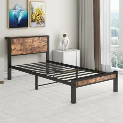 Lit Simple 90x200 cm - Lit Ado Métal avec Tête de Lit Rangement, MDF, Marron - Silencieux et Robuste - Sans Matelas><noscript><img width=