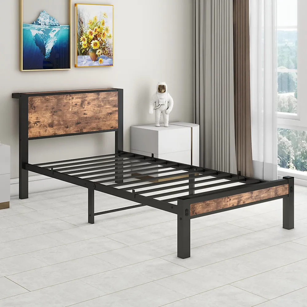 Lit Simple 90x200 cm - Lit Ado Métal avec Tête de Lit Rangement, MDF, Marron - Silencieux et Robuste - Sans Matelas>Okwish