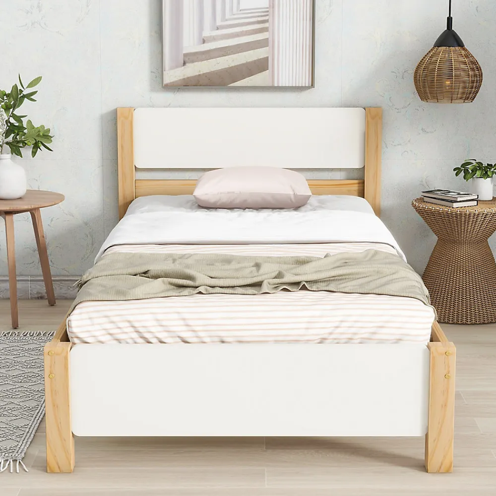 Lit Simple 90x200 cm - Lit Ado ou Adulte Sans Matelas - Bois de Pin Massif - Blanc et Naturel>Okwish Sale