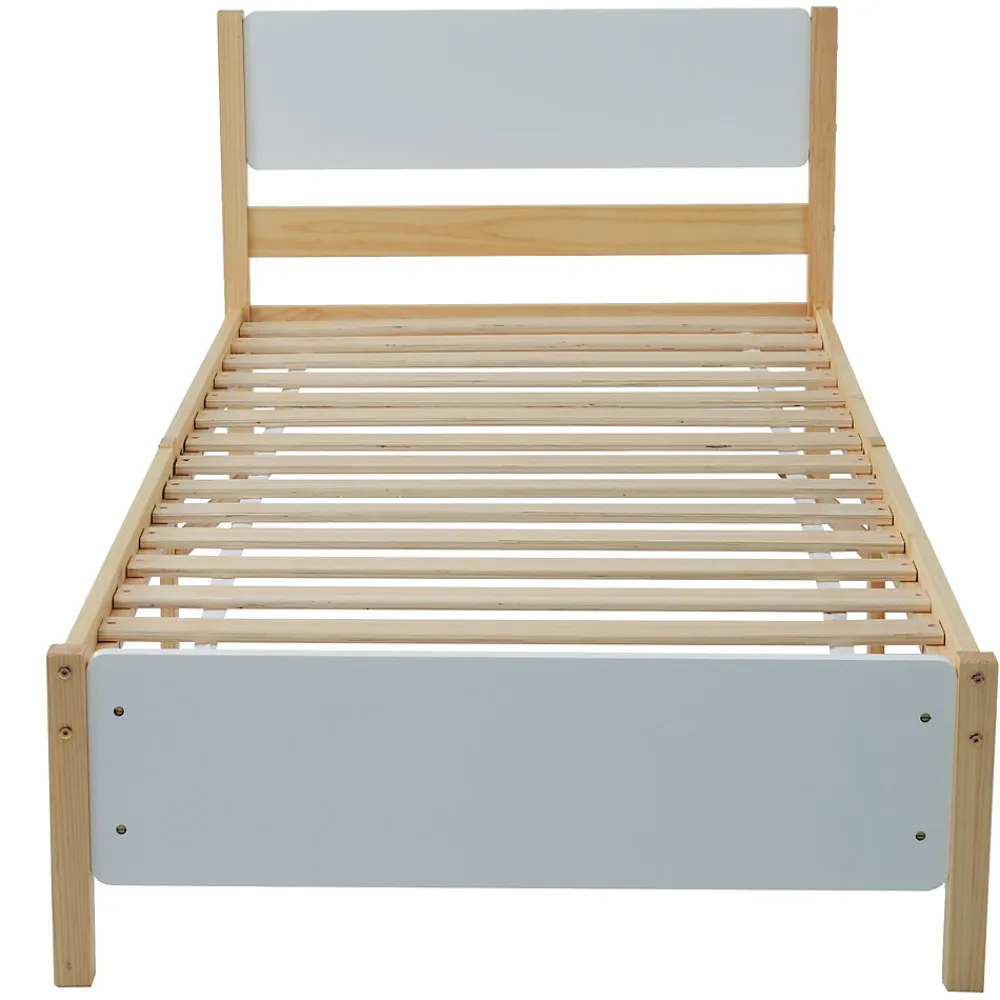 Lit Simple 90x200 cm - Lit Ado ou Adulte Sans Matelas - Bois de Pin Massif - Blanc et Naturel>Okwish Sale