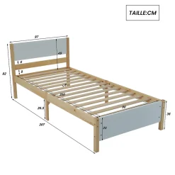 Lit Simple 90x200 cm - Lit Ado ou Adulte Sans Matelas - Bois de Pin Massif - Blanc et Naturel><noscript><img width=