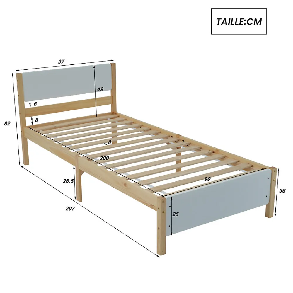 Lit Simple 90x200 cm - Lit Ado ou Adulte Sans Matelas - Bois de Pin Massif - Blanc et Naturel>Okwish Sale