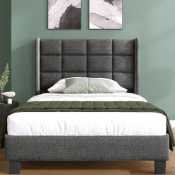 Lit simple 90x200 cm - Lit adulte capitonné avec sommier à lattes - Lin - Sans Matelas - Gris><noscript><img width=