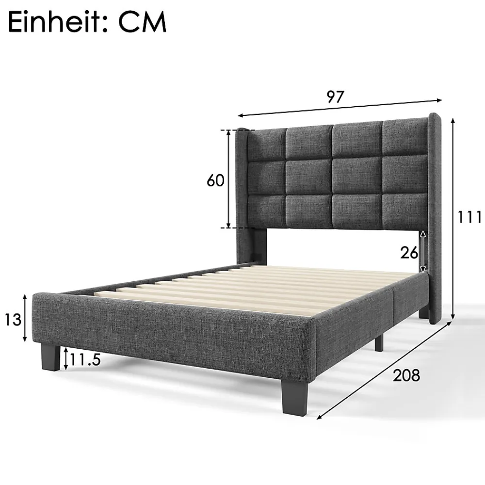 Lit simple 90x200 cm - Lit adulte capitonné avec sommier à lattes - Lin - Sans Matelas - Gris>Okwish Sale