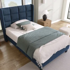 Lit simple 90x200 cm - Lit adulte capitonné avec sommier à lattes - Lin - Sans Matelas - Bleu>Okwish Online
