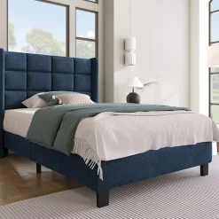 Lit simple 90x200 cm - Lit adulte capitonné avec sommier à lattes - Lin - Sans Matelas - Bleu>Okwish Online