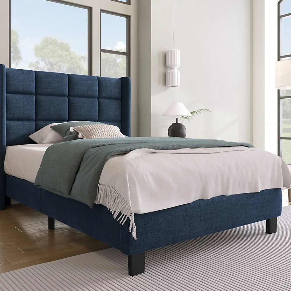 Lit simple 90x200 cm - Lit adulte capitonné avec sommier à lattes - Lin - Sans Matelas - Bleu>Okwish Online