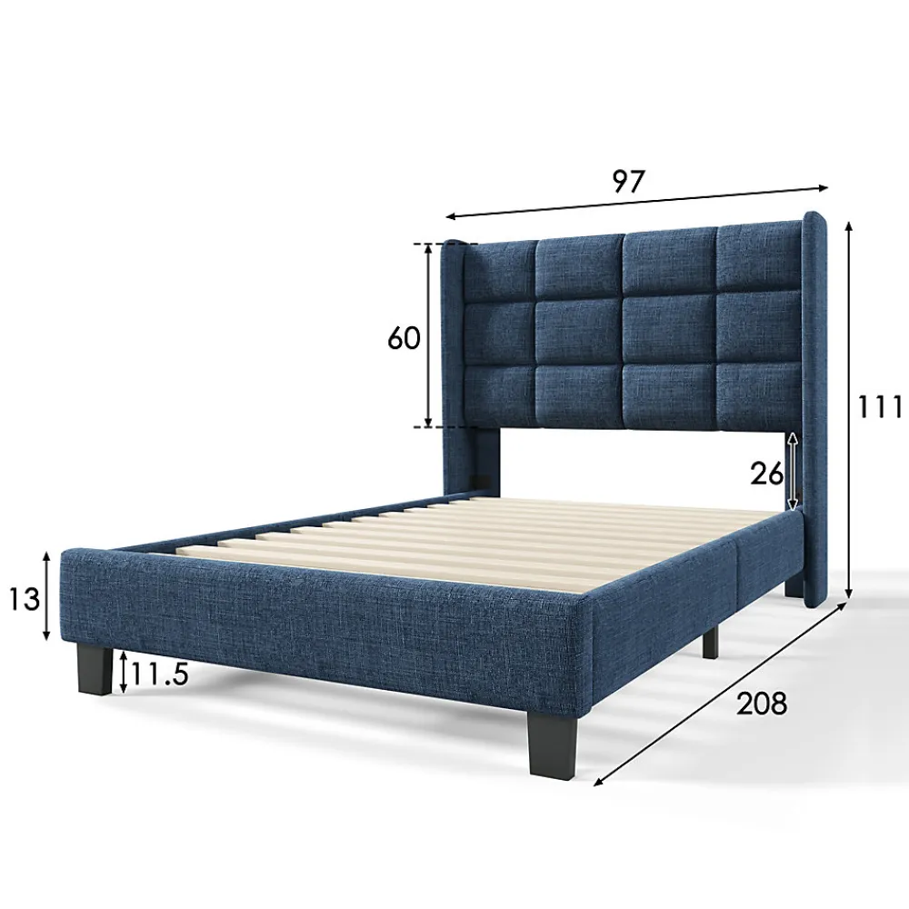 Lit simple 90x200 cm - Lit adulte capitonné avec sommier à lattes - Lin - Sans Matelas - Bleu>Okwish Online
