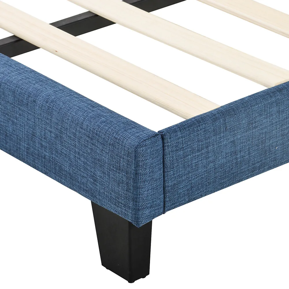 Lit simple 90x200 cm - Lit adulte capitonné avec sommier à lattes - Lin - Sans Matelas - Bleu>Okwish Online