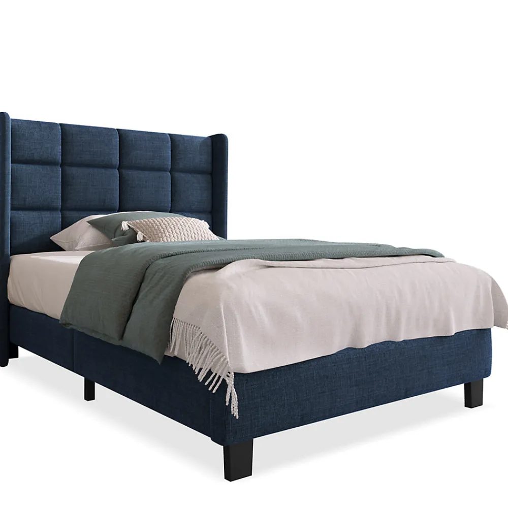 Lit simple 90x200 cm - Lit adulte capitonné avec sommier à lattes - Lin - Sans Matelas - Bleu>Okwish Online