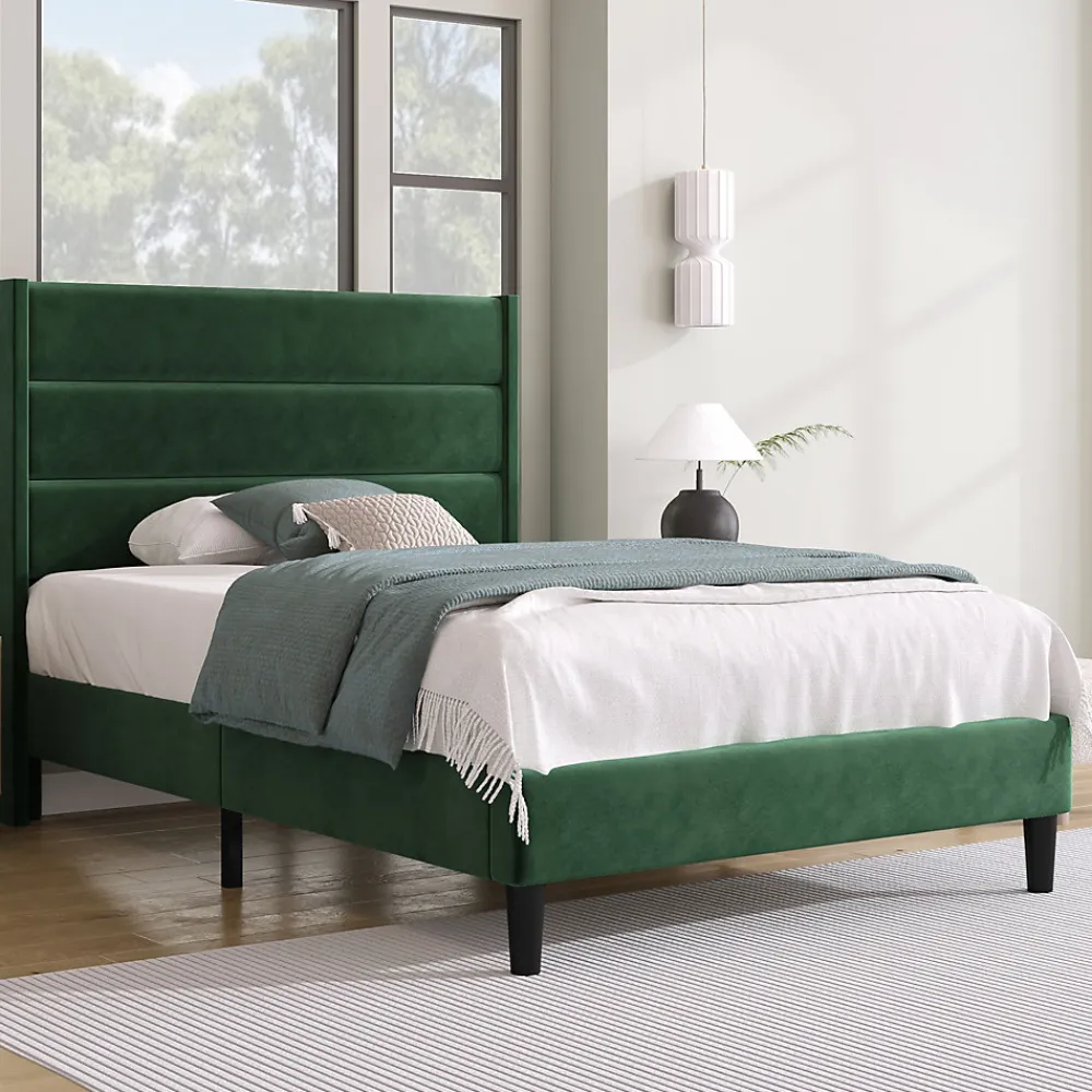 Lit simple 90x200 cm - Lit adulte capitonné avec tête de lit - Lin - Sans Matelas - Vert Foncé>Okwish Outlet