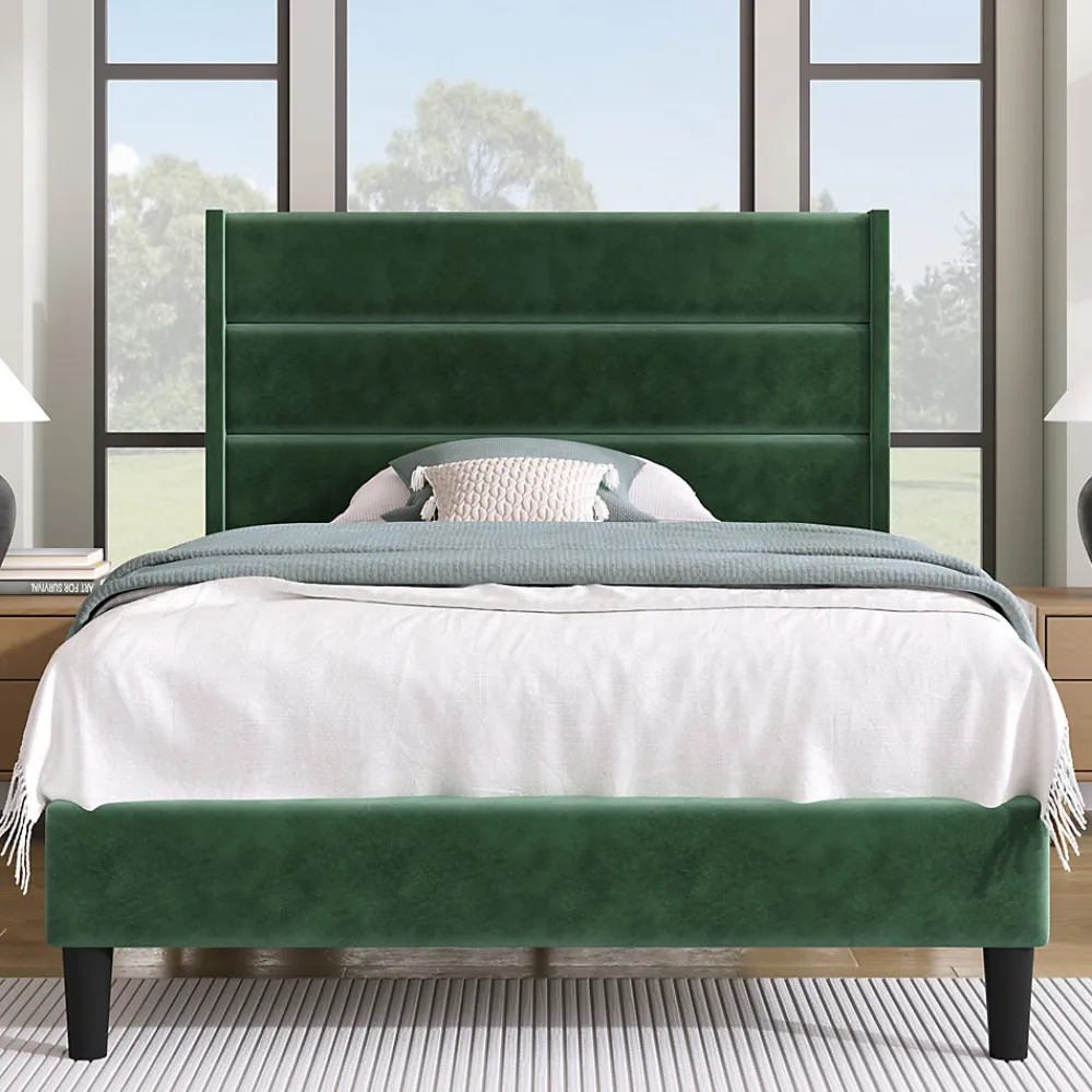 Lit simple 90x200 cm - Lit adulte capitonné avec tête de lit - Lin - Sans Matelas - Vert Foncé>Okwish Outlet
