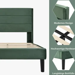 Lit simple 90x200 cm - Lit adulte capitonné avec tête de lit - Lin - Sans Matelas - Vert Foncé><noscript><img width=