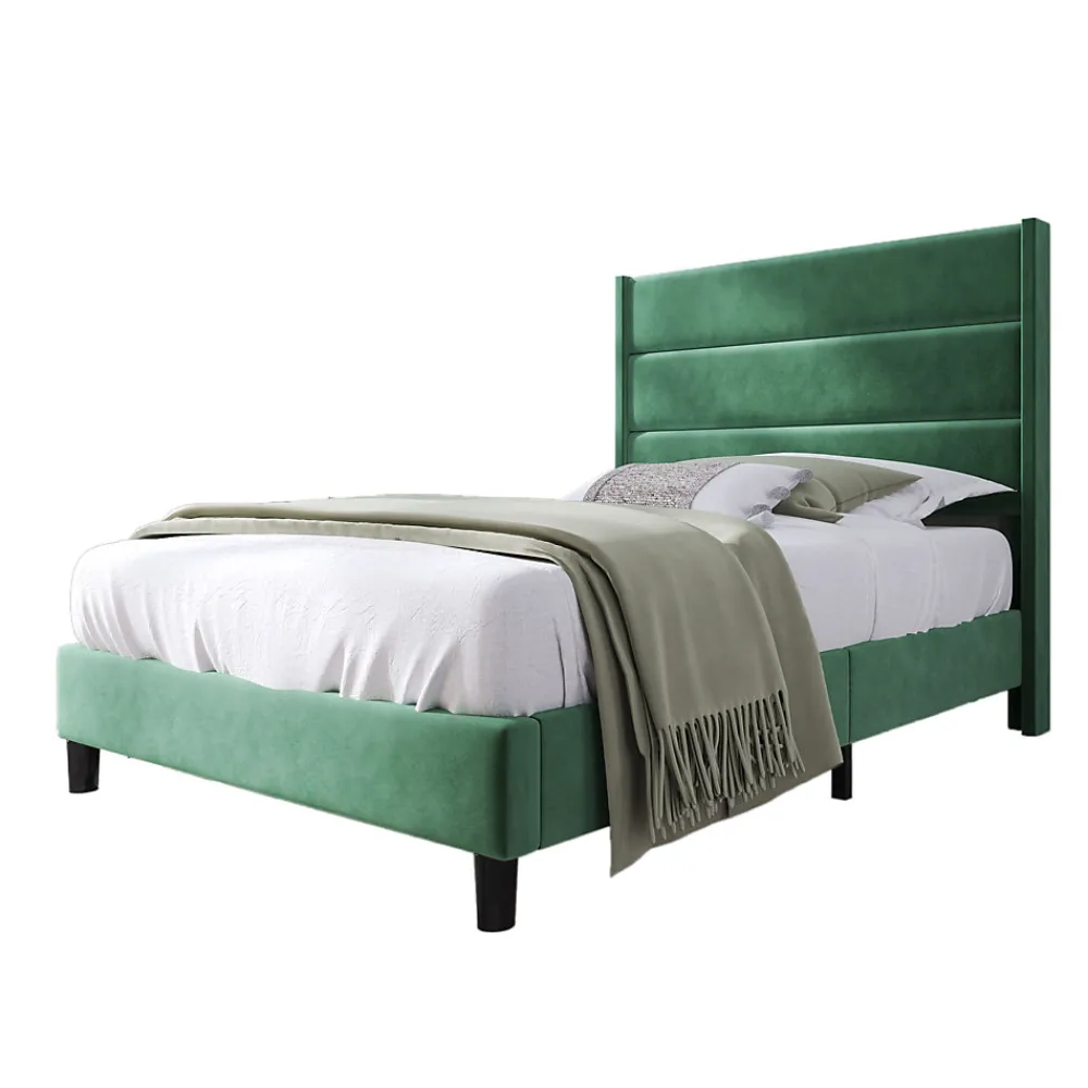Lit simple 90x200 cm - Lit adulte capitonné avec tête de lit - Lin - Sans Matelas - Vert Foncé>Okwish Outlet