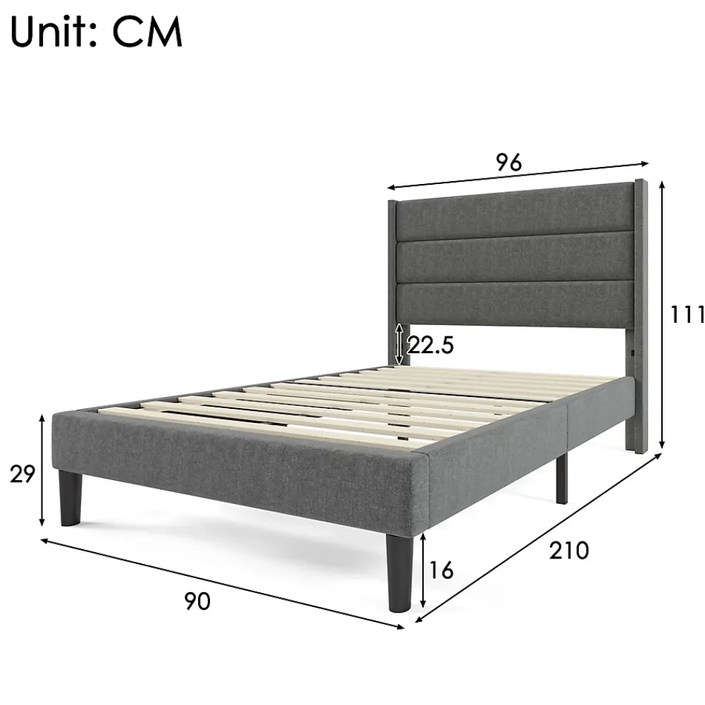 Okwish Lit simple 90x200 cm - Lit adulte capitonné avec tête de lit - Lin - Sans Matelas - Gris Foncé* Lit Simple