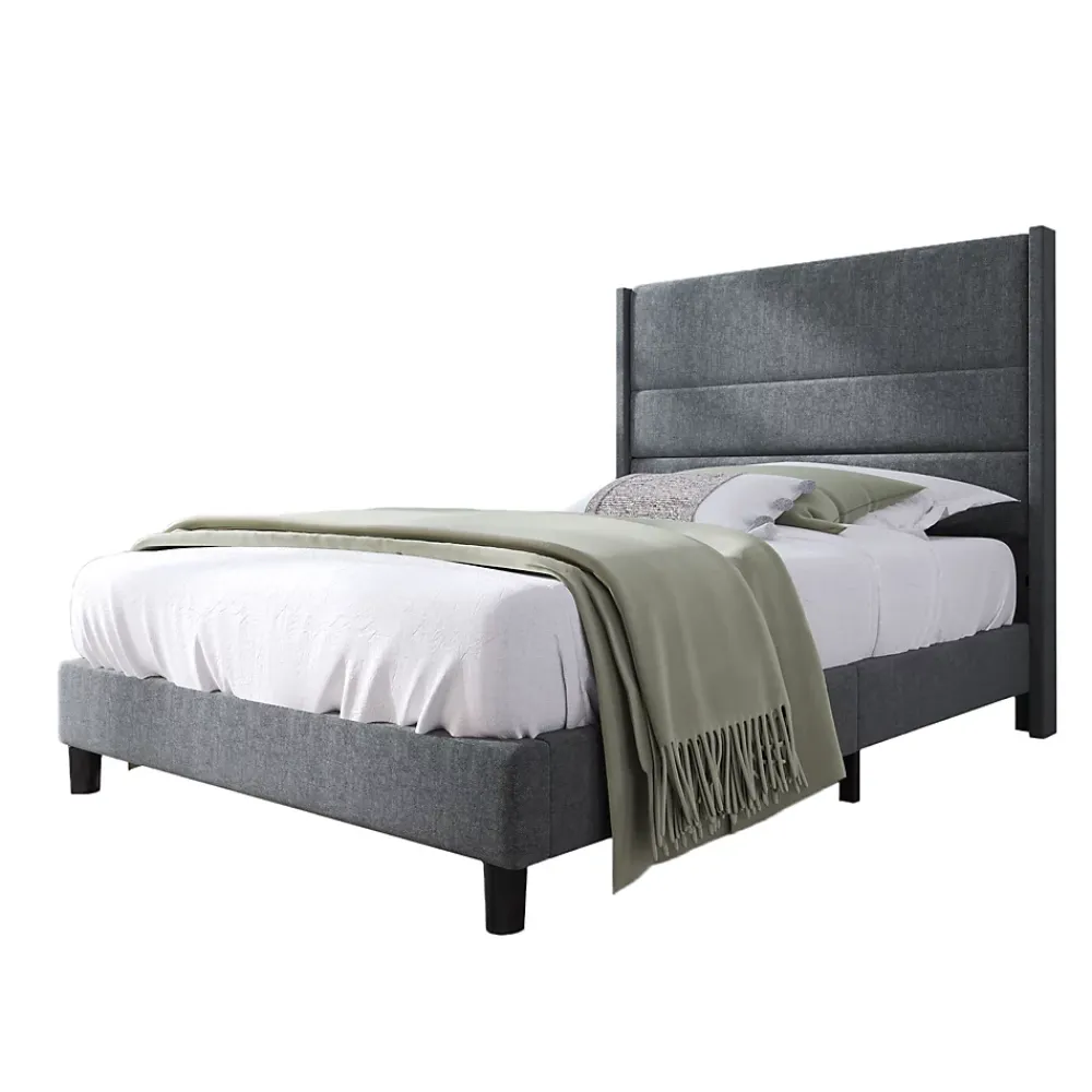Okwish Lit simple 90x200 cm - Lit adulte capitonné avec tête de lit - Lin - Sans Matelas - Gris Foncé* Lit Simple