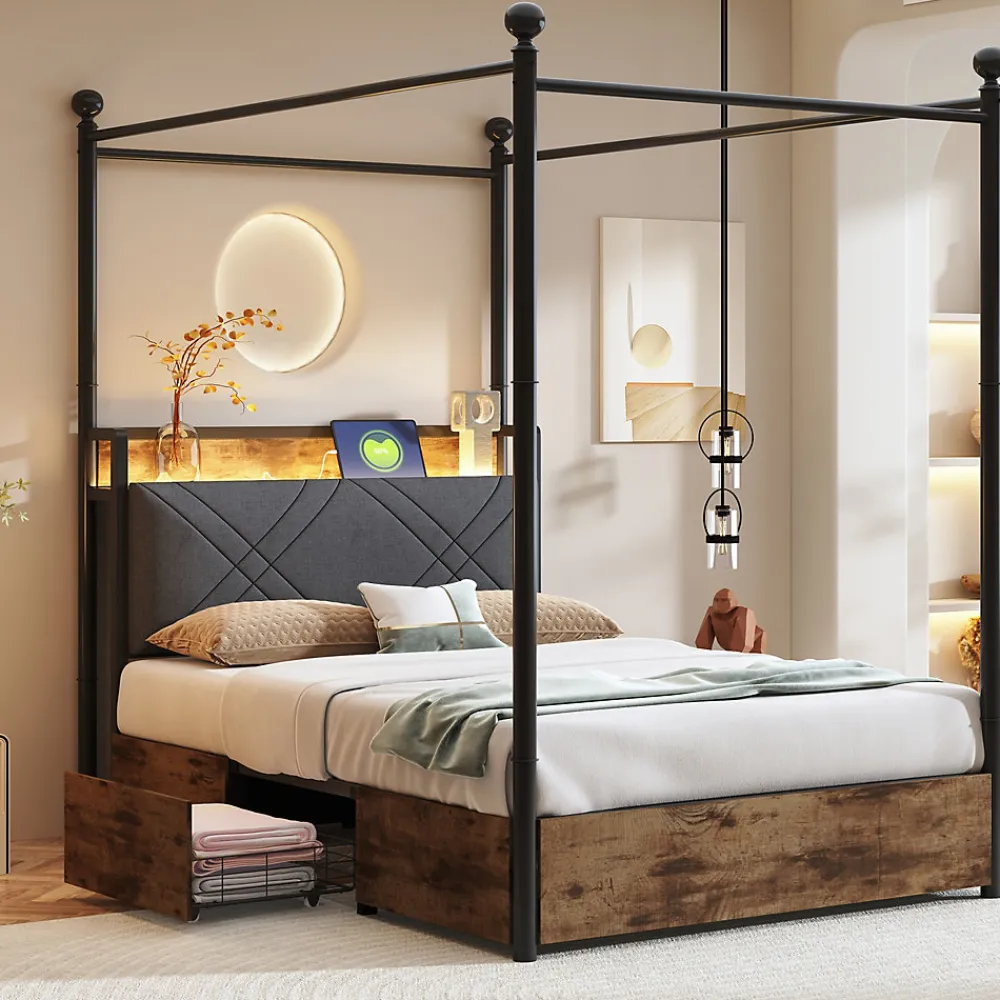 Lit simple 90x190 cm - Lit Baldaquin avec Tiroirs de Rangement et Ports USB/Type-C, Métal avec LED Intégré, Noir, Sans Matelas>Okwish Clearance