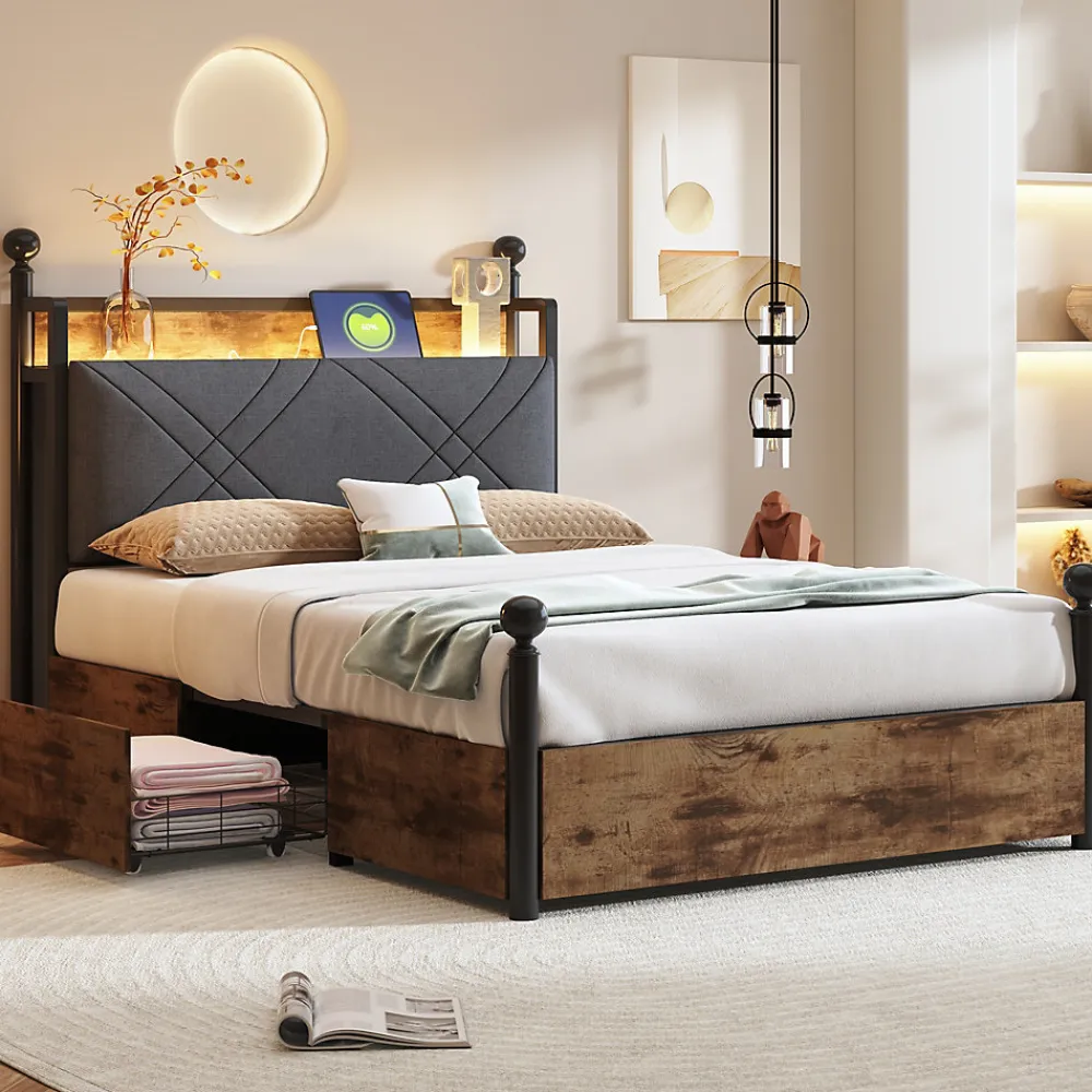 Lit simple 90x190 cm - Lit Baldaquin avec Tiroirs de Rangement et Ports USB/Type-C, Métal avec LED Intégré, Noir, Sans Matelas>Okwish Clearance
