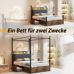Lit simple 90x190 cm - Lit Baldaquin avec Tiroirs de Rangement et Ports USB/Type-C, Métal avec LED Intégré, Noir, Sans Matelas><noscript><img width=