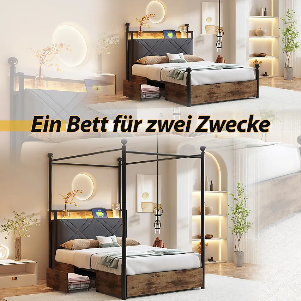 Lit simple 90x190 cm - Lit Baldaquin avec Tiroirs de Rangement et Ports USB/Type-C, Métal avec LED Intégré, Noir, Sans Matelas>Okwish Clearance