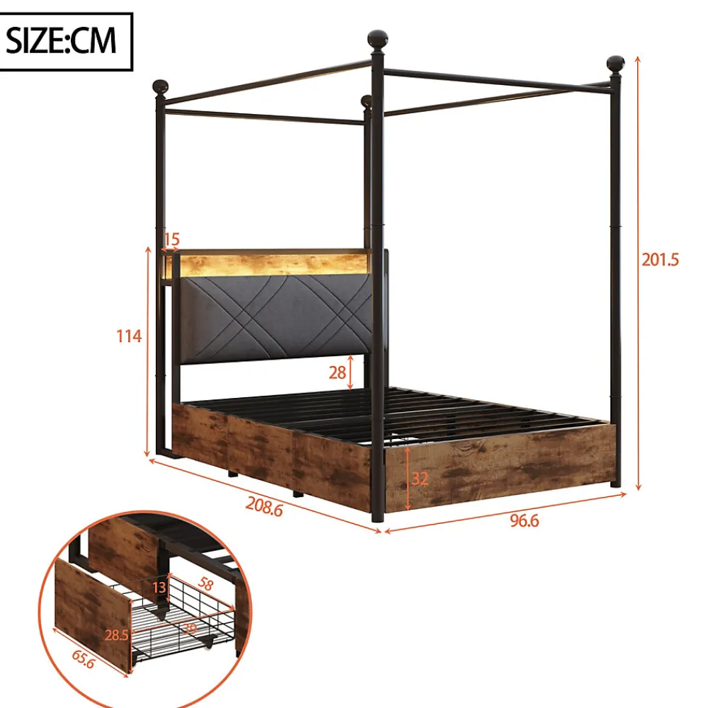 Lit simple 90x190 cm - Lit Baldaquin avec Tiroirs de Rangement et Ports USB/Type-C, Métal avec LED Intégré, Noir, Sans Matelas>Okwish Clearance
