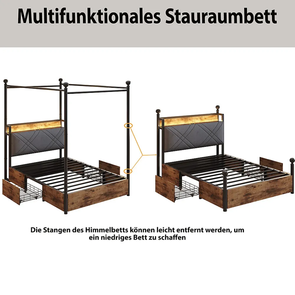 Lit simple 90x190 cm - Lit Baldaquin avec Tiroirs de Rangement et Ports USB/Type-C, Métal avec LED Intégré, Noir, Sans Matelas>Okwish Clearance