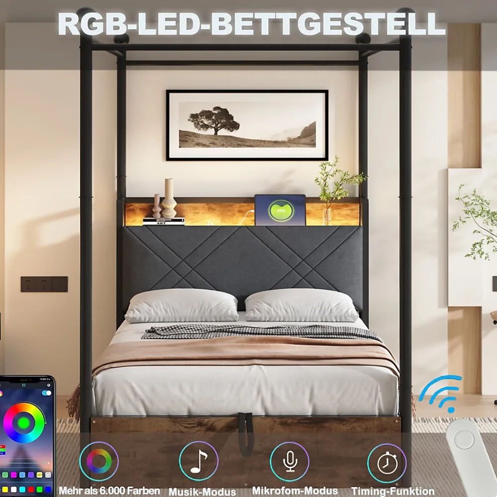 Lit simple 90x190 cm - Lit Baldaquin avec Tiroirs de Rangement et Ports USB/Type-C, Métal avec LED Intégré, Noir, Sans Matelas>Okwish Clearance