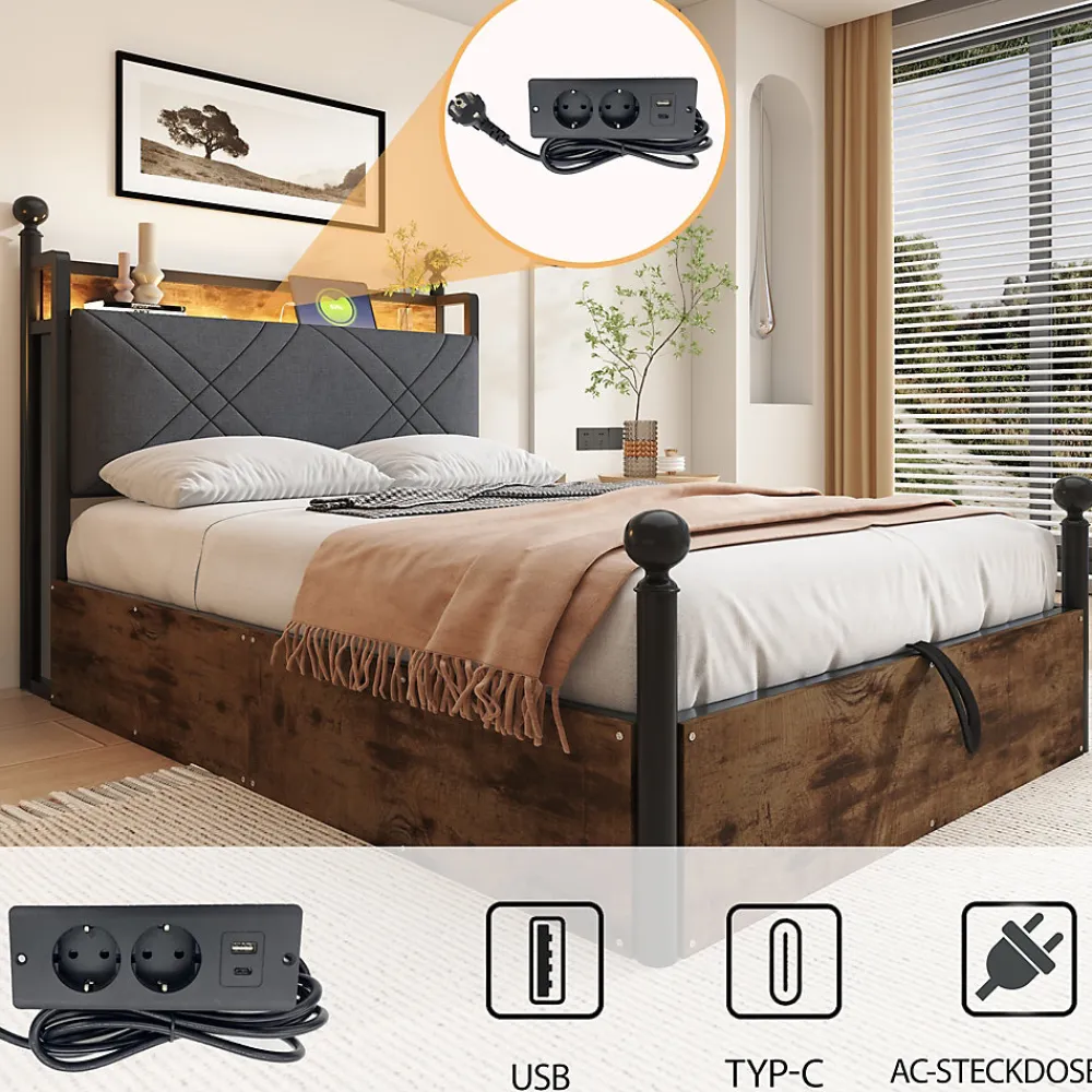 Lit simple 90x190 cm - Lit Baldaquin avec Tiroirs de Rangement et Ports USB/Type-C, Métal avec LED Intégré, Noir, Sans Matelas>Okwish Clearance