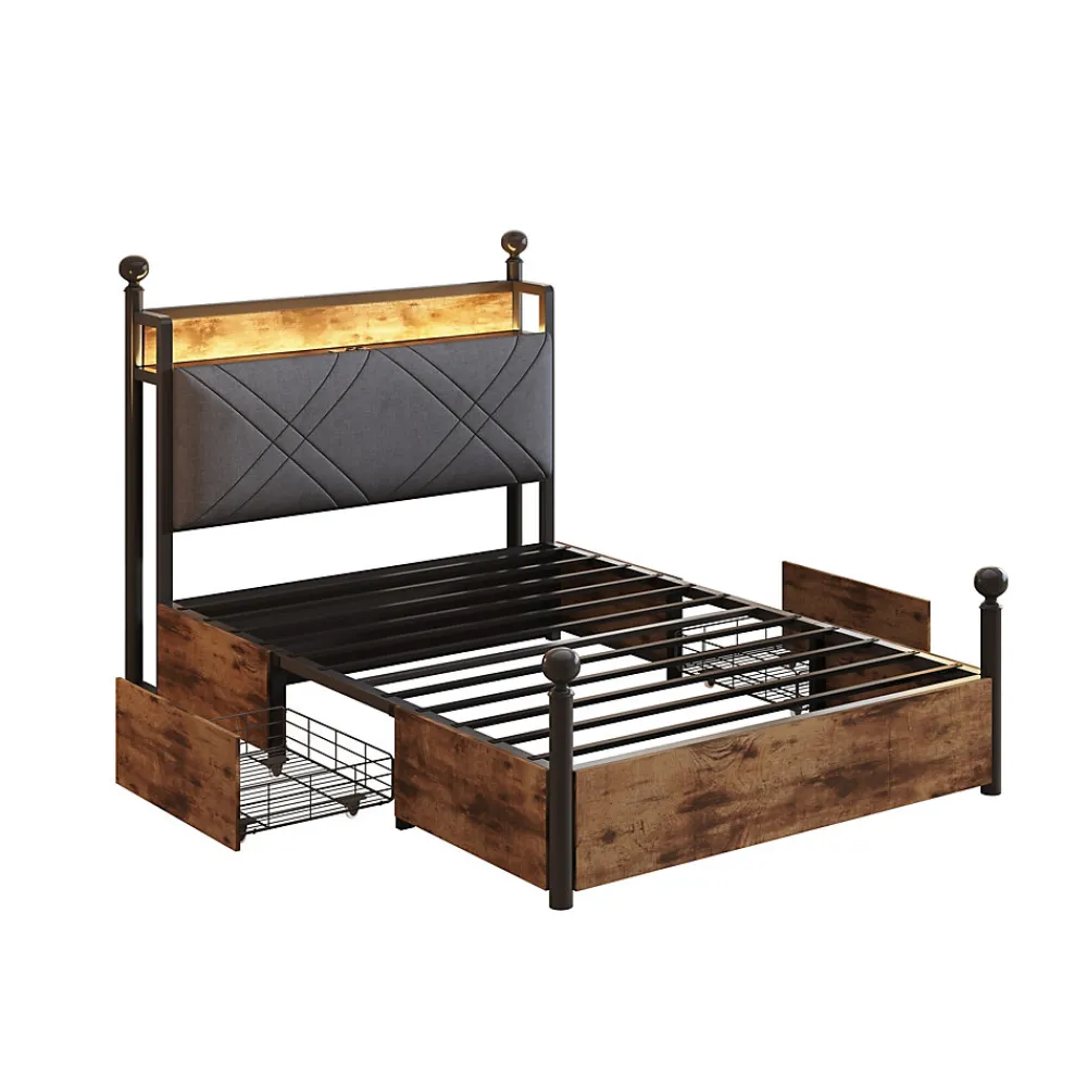 Lit simple 90x190 cm - Lit Baldaquin avec Tiroirs de Rangement et Ports USB/Type-C, Métal avec LED Intégré, Noir, Sans Matelas>Okwish Clearance