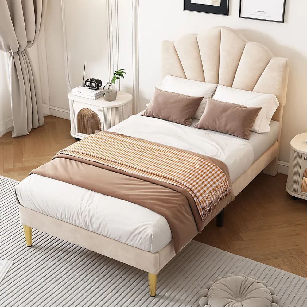 Okwish Lit Simple 90x200 cm - Lit Capitonné en Velours avec Tête de Lit Coquillage et Banquette de Rangement - Sans Matelas - Beige* Lit Simple
