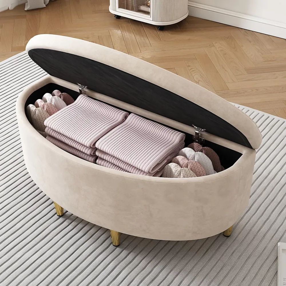 Okwish Lit Simple 90x200 cm - Lit Capitonné en Velours avec Tête de Lit Coquillage et Banquette de Rangement - Sans Matelas - Beige* Lit Simple
