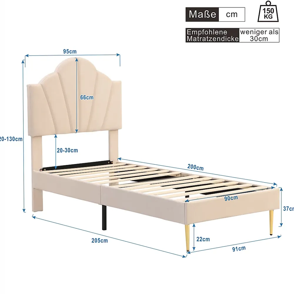 Okwish Lit Simple 90x200 cm - Lit Capitonné en Velours avec Tête de Lit Coquillage et Banquette de Rangement - Sans Matelas - Beige* Lit Simple