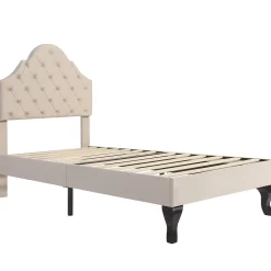 Okwish Lit Simple 90x200 cm - Lit Capitonné en Velours avec Tête de Lit Réglable et Sommier en Bois, Sans Matelas - Beige* Lit Simple