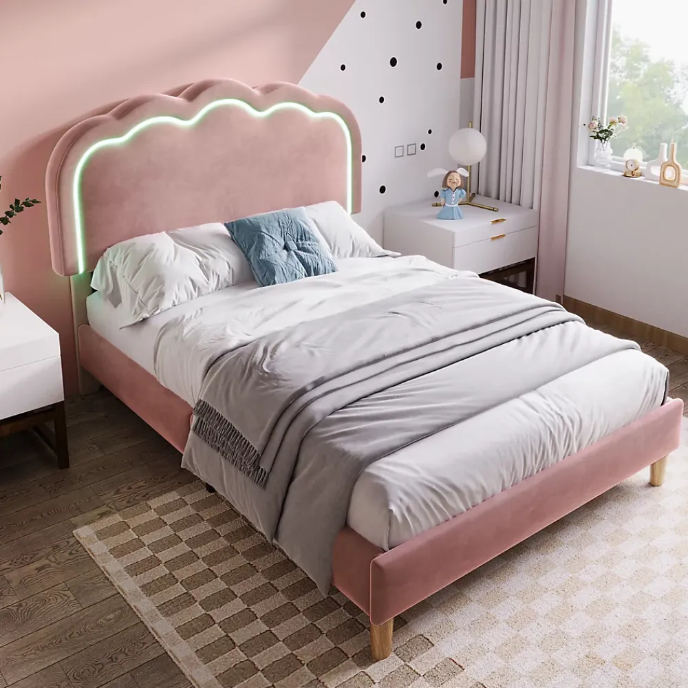 Okwish Lit simple 90x190 cm - Lit capitonné avec tête de lit LED réglable - Velours - Sans Matelas - Rose* Lit Double