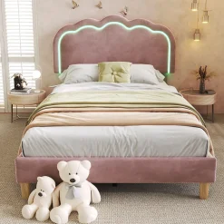 Okwish Lit simple 90x190 cm - Lit capitonné avec tête de lit LED réglable - Velours - Sans Matelas - Rose* Lit Double