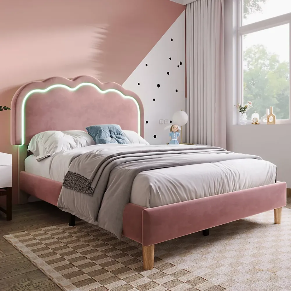 Okwish Lit simple 90x190 cm - Lit capitonné avec tête de lit LED réglable - Velours - Sans Matelas - Rose* Lit Double