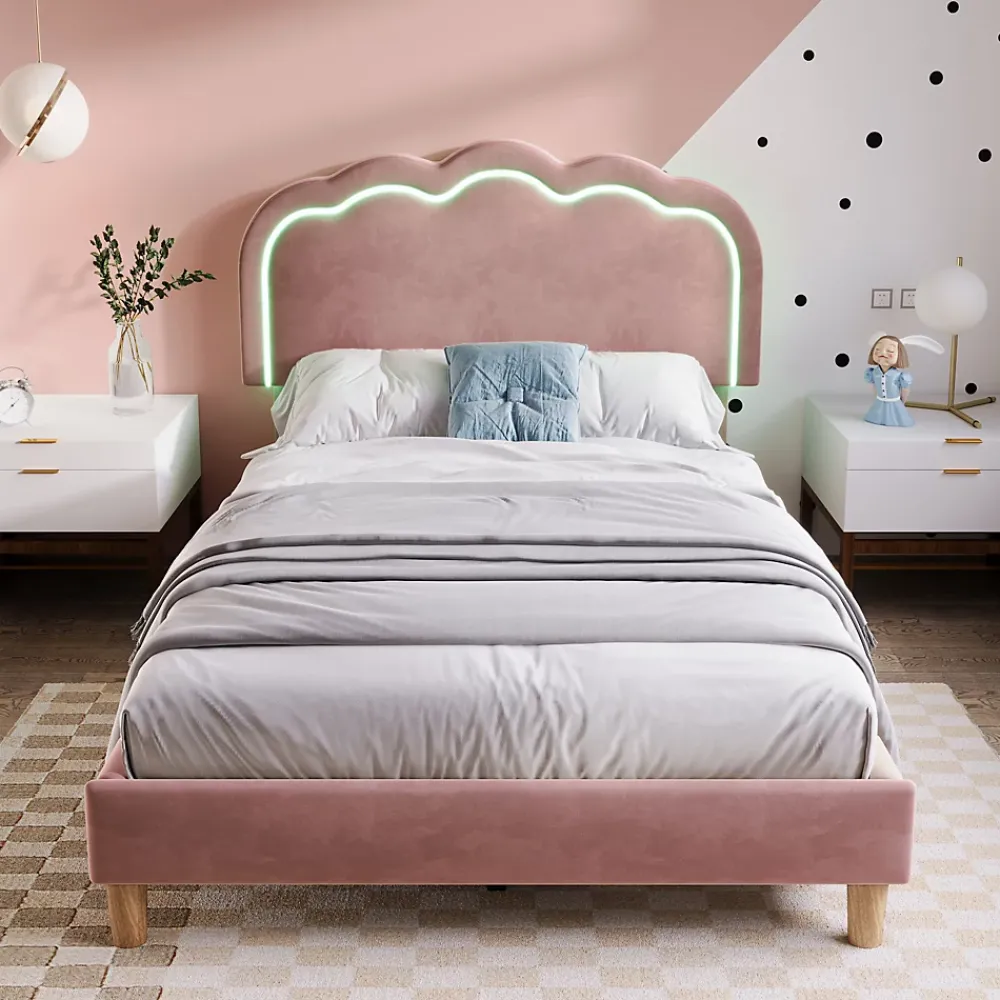 Okwish Lit simple 90x190 cm - Lit capitonné avec tête de lit LED réglable - Velours - Sans Matelas - Rose* Lit Double