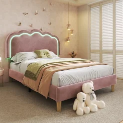 Okwish Lit simple 90x190 cm - Lit capitonné avec tête de lit LED réglable - Velours - Sans Matelas - Rose* Lit Double