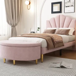 Lit Simple 90x200 cm - Lit Capitonné en Velours avec Tête de Lit Coquillage et Banquette de Rangement - Sans Matelas - Rose>Okwish Outlet