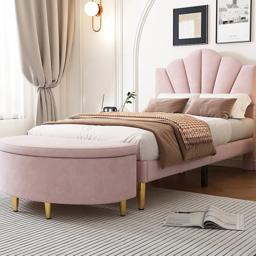 Lit Simple 90x200 cm - Lit Capitonné en Velours avec Tête de Lit Coquillage et Banquette de Rangement - Sans Matelas - Rose>Okwish Outlet