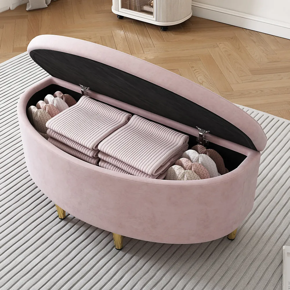 Lit Simple 90x200 cm - Lit Capitonné en Velours avec Tête de Lit Coquillage et Banquette de Rangement - Sans Matelas - Rose>Okwish Outlet