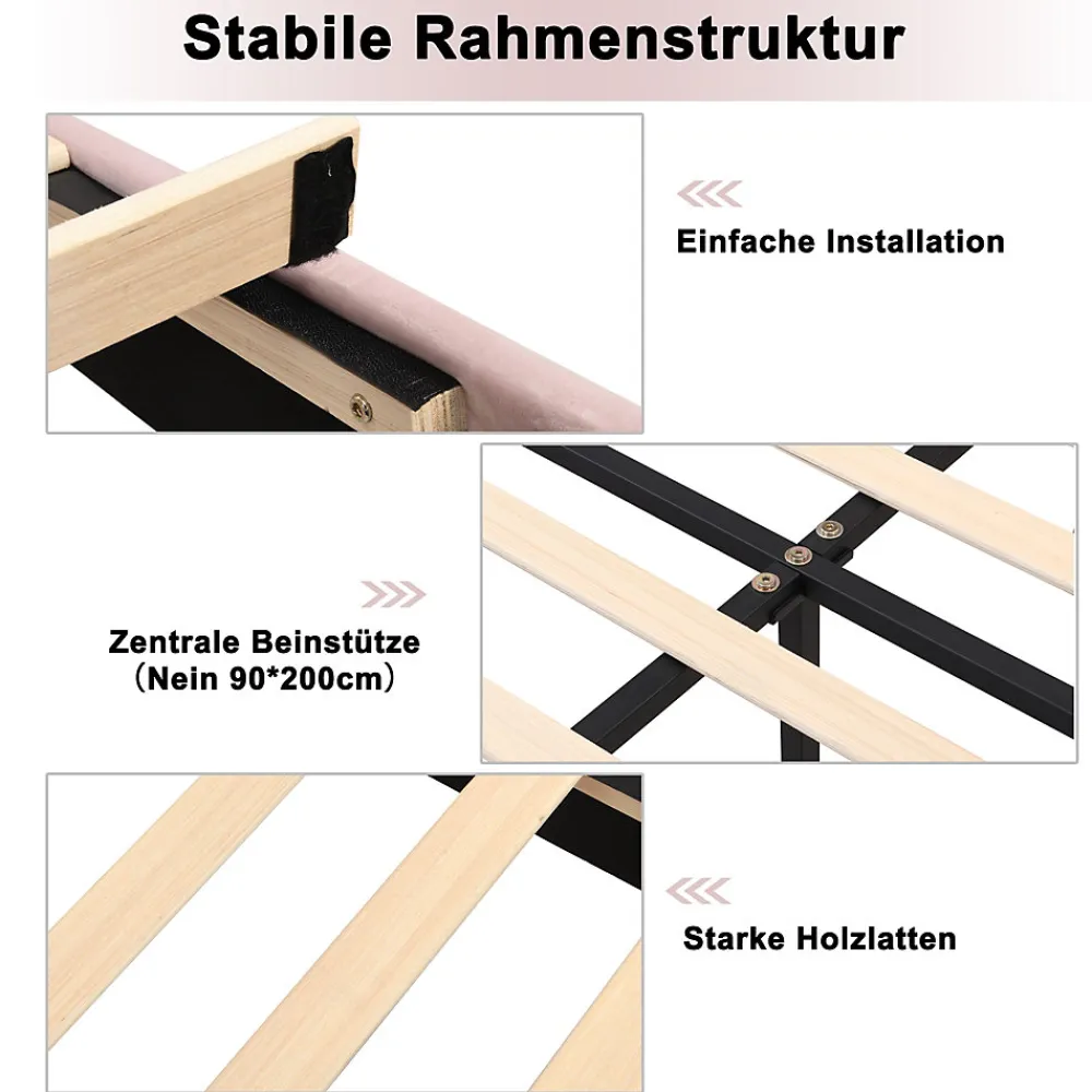 Lit Simple 90x200 cm - Lit Capitonné en Velours avec Tête de Lit Coquillage et Banquette de Rangement - Sans Matelas - Rose>Okwish Outlet