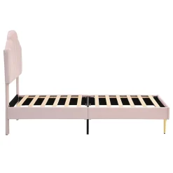 Lit Simple 90x200 cm - Lit Capitonné en Velours avec Tête de Lit Coquillage et Banquette de Rangement - Sans Matelas - Rose><noscript><img width=