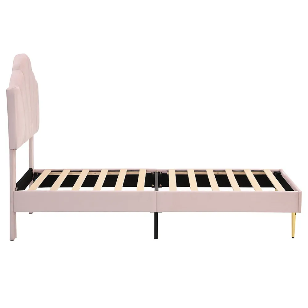 Lit Simple 90x200 cm - Lit Capitonné en Velours avec Tête de Lit Coquillage et Banquette de Rangement - Sans Matelas - Rose>Okwish Outlet