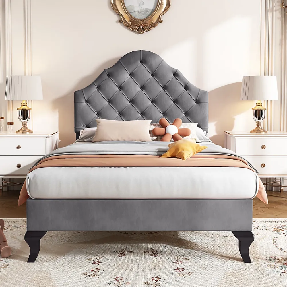 Okwish Lit Simple 90x200 cm - Lit Capitonné en Velours avec Tête de Lit Réglable, Sans Matelas - Gris* Lit Simple
