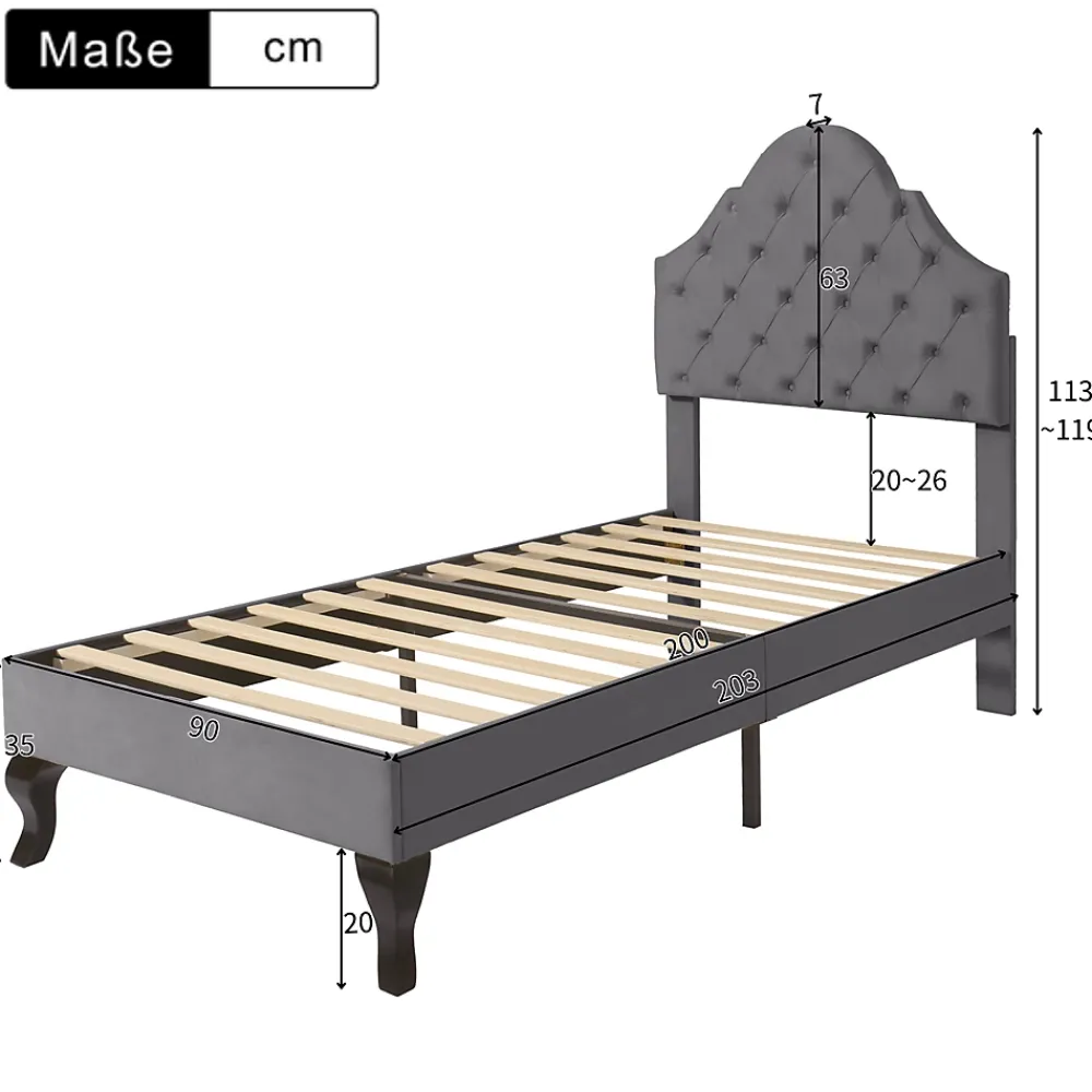 Okwish Lit Simple 90x200 cm - Lit Capitonné en Velours avec Tête de Lit Réglable, Sans Matelas - Gris* Lit Simple