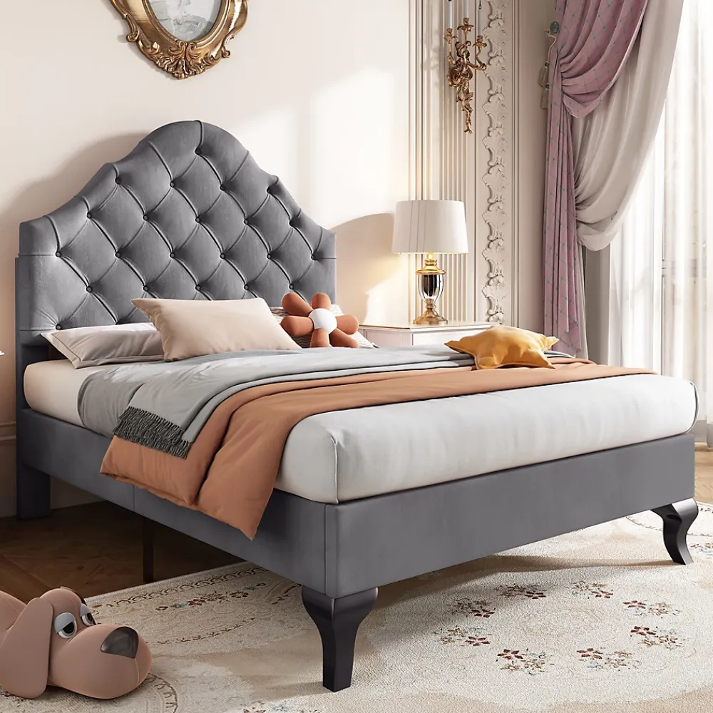 Okwish Lit Simple 90x200 cm - Lit Capitonné en Velours avec Tête de Lit Réglable, Sans Matelas - Gris* Lit Simple