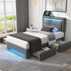 Lit Simple 90x200 cm - Lit Coffre avec 4 Tiroirs et Éclairage LED - Lit Capitonné PU - Gris - Sans Matelas>Generique